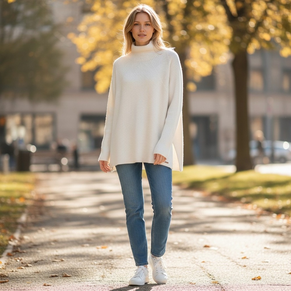 Sweaty Betty Sweater Womens Small White Ribbed Mock Neck Wool Blend High Low Hem